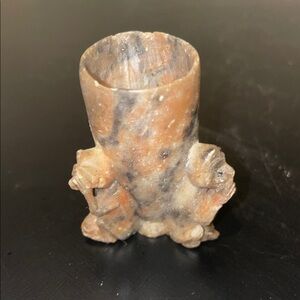 3 Monkeys Carved Stone Toothpick Vase
